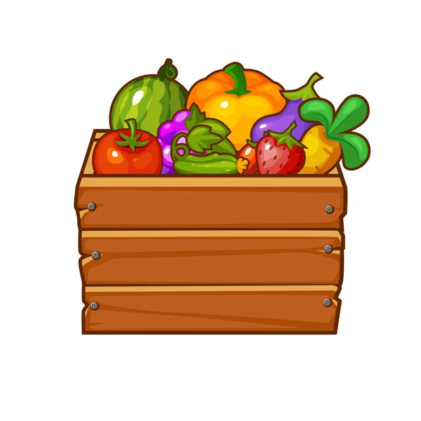 Caja Madera Con Verduras Bayas Para Juego Vector Ilustración Granja — Vector de stock