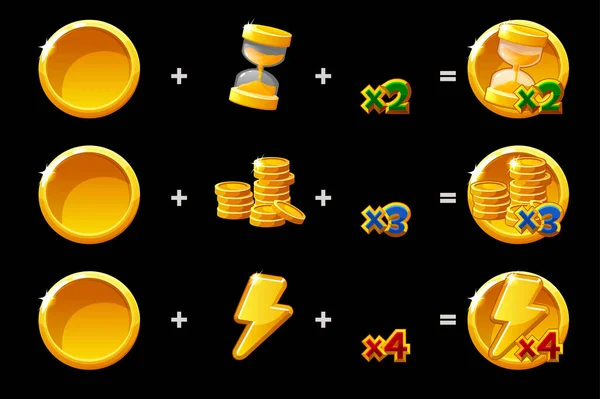 Tijd, munt en energie gouden bonus constructeur pictogrammen voor het spel. — Stockvector