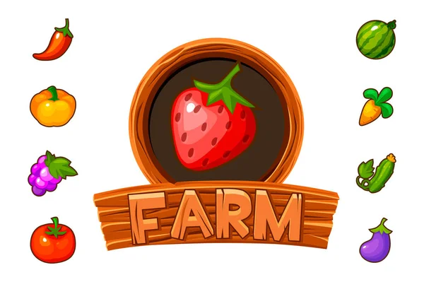 Granja de logotipo de madera con fresas para GUI juego. — Vector de stock