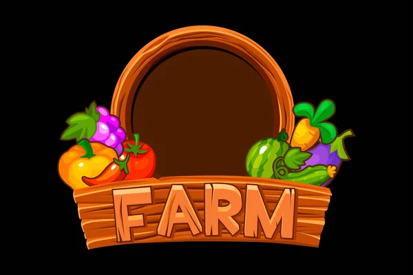 Logotipo de madera granja con verduras y bayas para el juego GUI. — Vector de stock