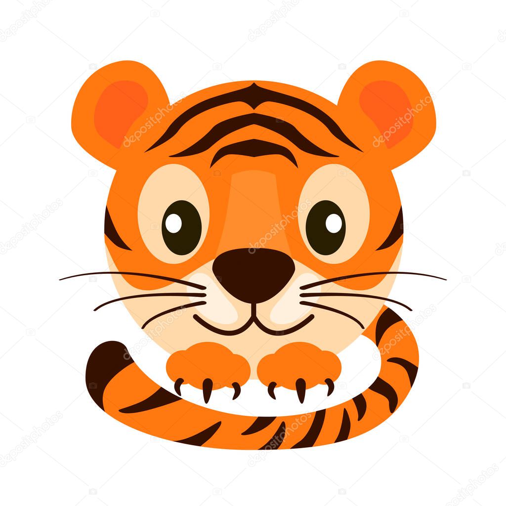 Postcard cartoon face tiger for graphic design.