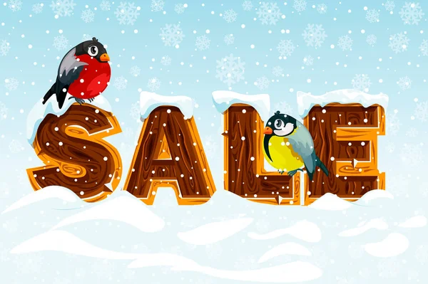 Banner con inscripción de madera venta sobre fondo de nieve con pájaros. — Vector de stock