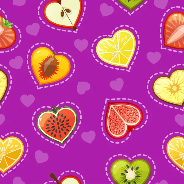 A friss gyümölcs és bogyós gyümölcsök és a szív alakú varrat nélküli mintát — Stock Vector