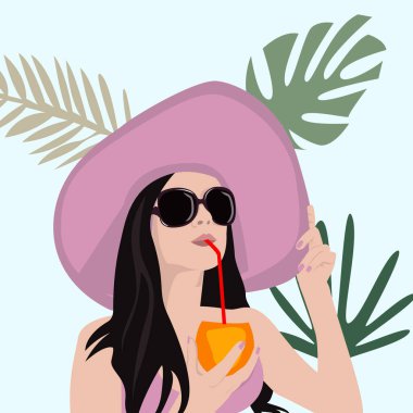 Vektör çizimi, tropik kadın konsept çizimi. Posterler, duvar resimleri, kartpostallar, baskılar için mükemmel. Çağdaş portre. Asgari biçim.