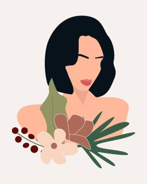 Çiçekli kadın modern kadın resimleri. Çiçekli kadınlar birlikte. Bir kızın asgari portresi. Vektör illüstrasyonu