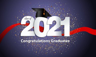 Tebrikler mezuniyet. 2021 sınıfı. Mezuniyet şapkası, konfeti ve balonlar. Kutlama bayrağı. Eğitim Akademisi Öğrenim Okulu