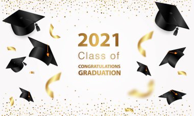 Tebrikler mezuniyet. 2021 sınıfı. Mezuniyet şapkası, konfeti ve balonlar. Kutlama bayrağı. Eğitim Akademisi Öğrenim Okulu