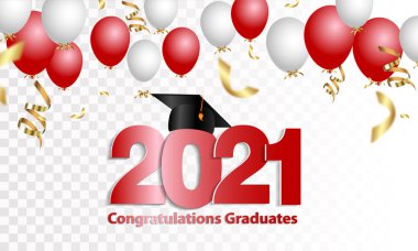 Tebrikler mezuniyet. 2021 sınıfı. Mezuniyet şapkası, konfeti ve balonlar. Kırmızılı tebrik pankartı. Eğitim Akademisi Öğrenim Okulu