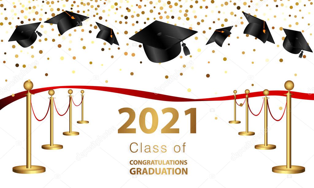 Congratulations graduation. Class of 2021. Graduation cap and confetti and balloons. Congratulatory banner. Academy of Education School of Learning