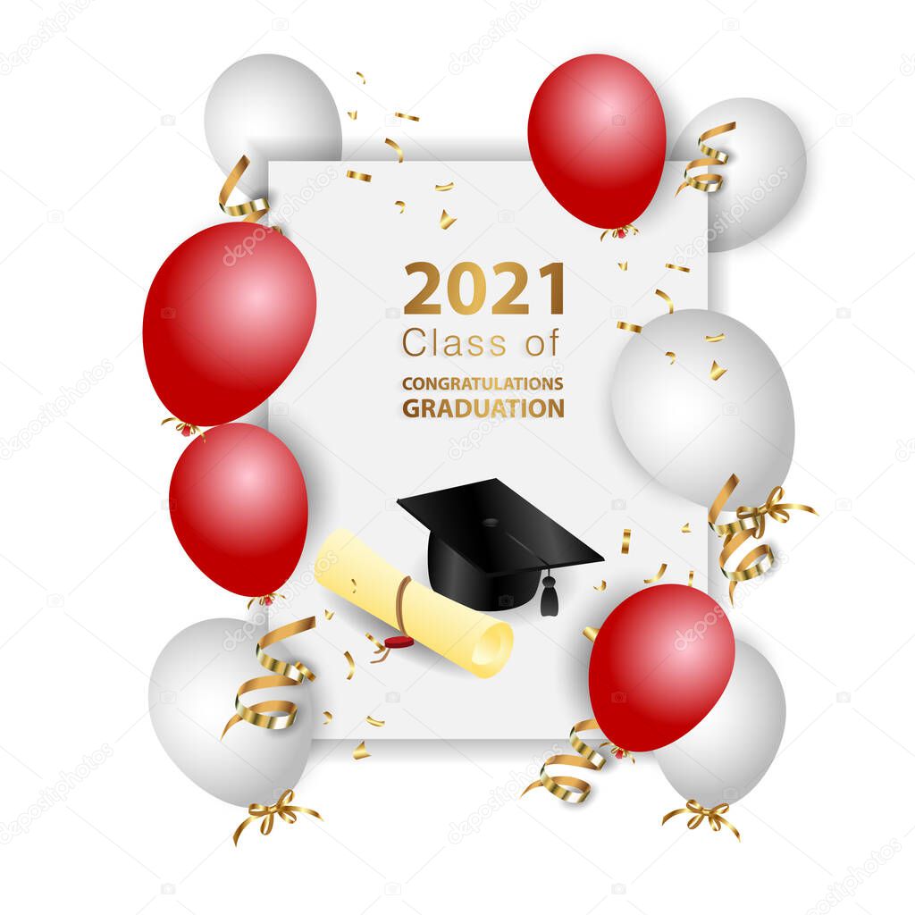 Congratulations graduation. Class of 2021. Graduation cap and confetti and balloons. Congratulatory banner in red. Academy of Education School of Learning