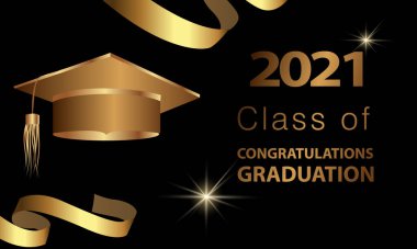 Mezuniyet tebrikleri, gerçekçi mezuniyet şapkası, tebrik bayrağı, kartpostal, konsept, mezuniyet 2021 altın parıltısı.