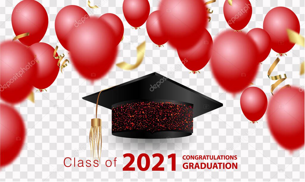 Congratulations on your graduation. Class of 2021. Graduation cap and confetti and balloons. Congratulatory banner in blue. Academy of Education School of Learning Vector