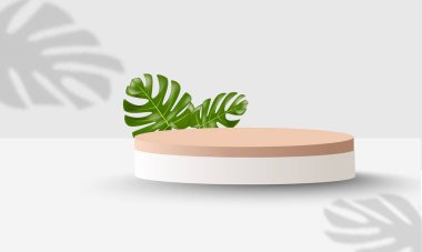 Tropikal yapraklı yaz tarzı, geometrik şekilli gerçekçi ahşap podyum. Ürün tanıtımı için podyum. vektör