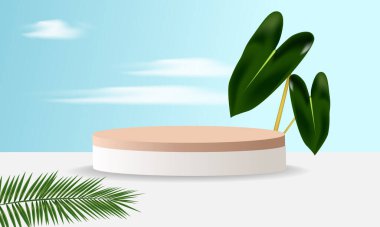 Tropikal yapraklı yaz tarzı, mavi gökyüzü arka planında bulutlu gerçekçi ahşap podyum. Ürün tanıtımı için podyum. vektör
