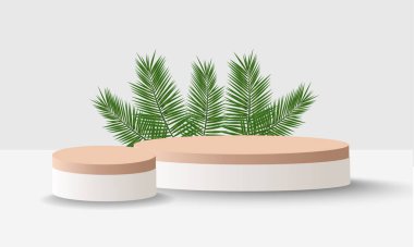 Tropikal yapraklı yaz tarzı, geometrik şekilli gerçekçi ahşap podyum. Ürün tanıtımı için podyum. vektör