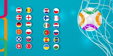 2020 / 2021 futbol yarışmalarına katılan ülke grupları, mavi arka planda vektör illüstrasyonları
