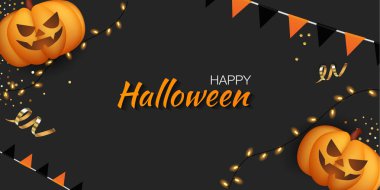 Mutlu Cadılar Bayramı. Balkabaklı, balonlu ve yarasalı kompozisyon, tatil süslemeleri. Gerçekçi vektör.