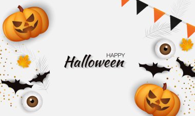 Mutlu Cadılar Bayramı. Balkabaklı, balonlu ve yarasalı kompozisyon, tatil süslemeleri. Gerçekçi vektör.