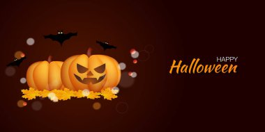 Mutlu Cadılar Bayramı. Balkabaklı, balonlu ve yarasalı kompozisyon, tatil süslemeleri. Gerçekçi vektör.