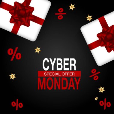 Siber pazartesi indirimi, mevsimlik indirimler için afiş. Büyük Kasım indirimi. Gerçekçi ipek fiyonklu hediye kutusu.