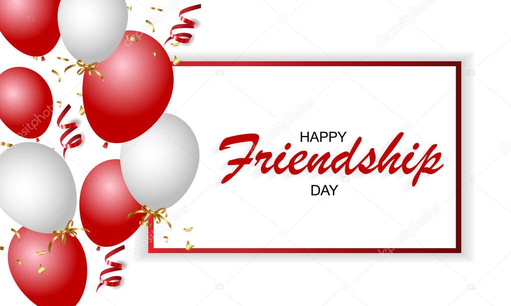 Happy friendship day poster. Realistic greeting card with friendship hands and bracelets. Festive postcard.