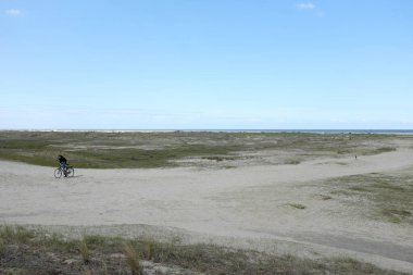 Sahil kenarındaki kumlu yolda seyrek bitki örtüsü ve açık mavi gökyüzü olan bir bisikletçi.