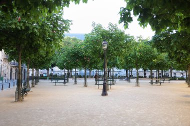 Sakince düzenlenmiş ağaçlar ve bankların olduğu sakin bir park sahnesi, kumlu zemini aydınlatan yumuşak bir sabah ışığı.