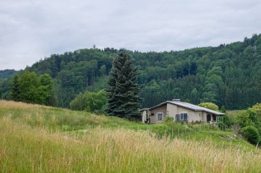 Krystofovo Udoli, Çek Cumhuriyeti - 23 Haziran 2018: Çimenli bir tepenin üzerinde yoğun bir orman geçmişine sahip yalnız bir ev.