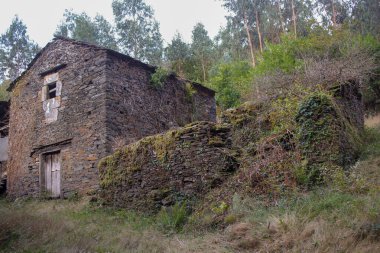 Galiçya, İspanya 'da tarlaların ortasında boş bir ev.