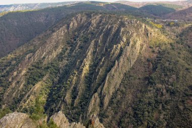 Ribeira Sacra 'nın panoramik manzarası derin nehir vadilerinden yükselen dramatik dağları gösteriyor. Dik yamaçlar, arazi boyunca çarpıcı desenler oluşturan teraslı üzüm bağlarıyla kaplıdır ve bölge şarap üretim geleneğini yansıtır..
