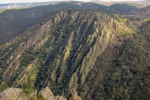 Ribeira Sacra 'nın panoramik manzarası derin nehir vadilerinden yükselen dramatik dağları gösteriyor. Dik yamaçlar, arazi boyunca çarpıcı desenler oluşturan teraslı üzüm bağlarıyla kaplıdır ve bölge şarap üretim geleneğini yansıtır..