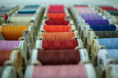 Ahşap bir dolaba yerleştirilmiş birden fazla canlı dikiş ipliğinin yüksek açılı görüntüsü. Bu resim, yaratıcılığı, zanaat düzenini ve geleneksel sanat düzenini sembolize eden nakış, terzi ve tekstil tasarımları için geniş bir palet rengini sergiliyor.