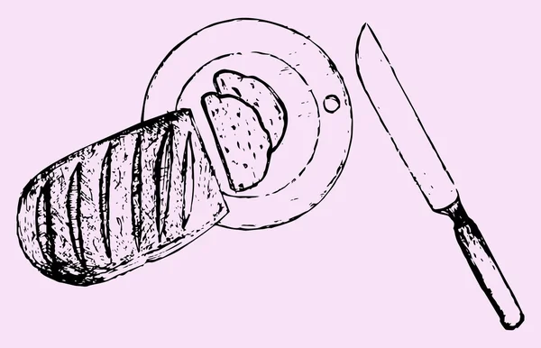 Irisan roti di papan dengan pisau - Stok Vektor