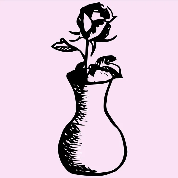 Róża w wazonie, doodle styl — Wektor stockowy
