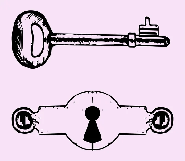 Nyckelhål, nyckel, doodle stil — Stock vektor