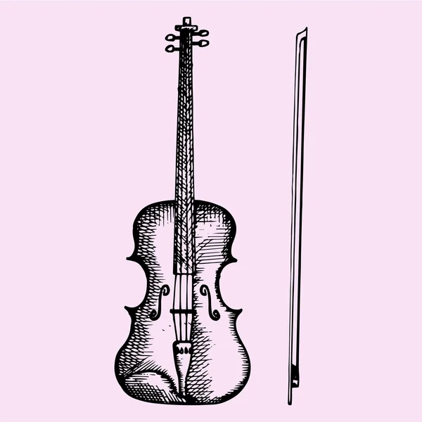 Violín y arco, estilo garabato — Vector de stock