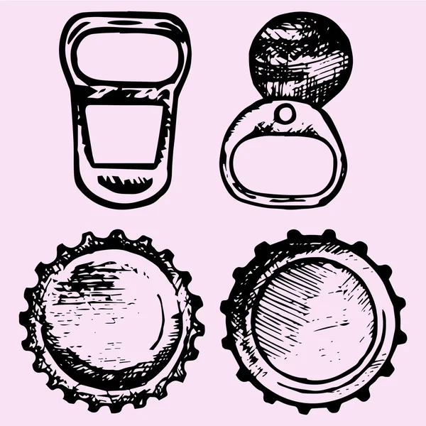 Set of bottle caps, metal ring pull — Stock Vector