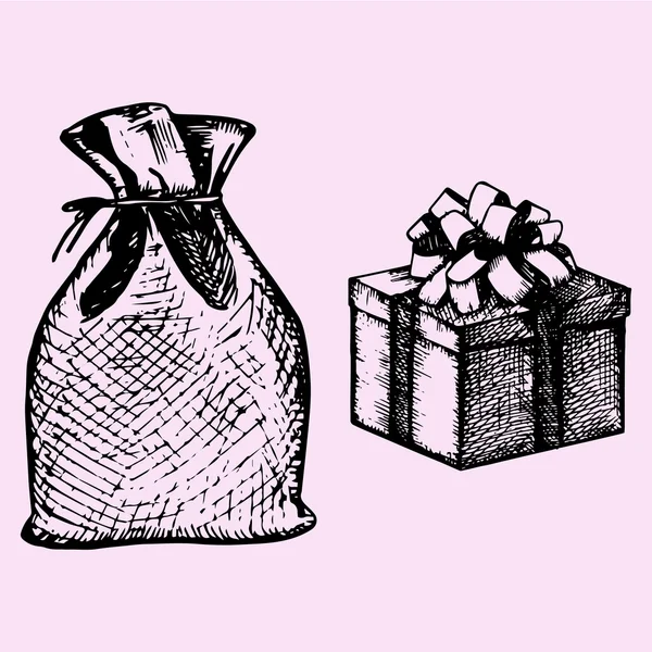 Bolso de Papá Noel, caja de regalo de año nuevo — Archivo Imágenes Vectoriales