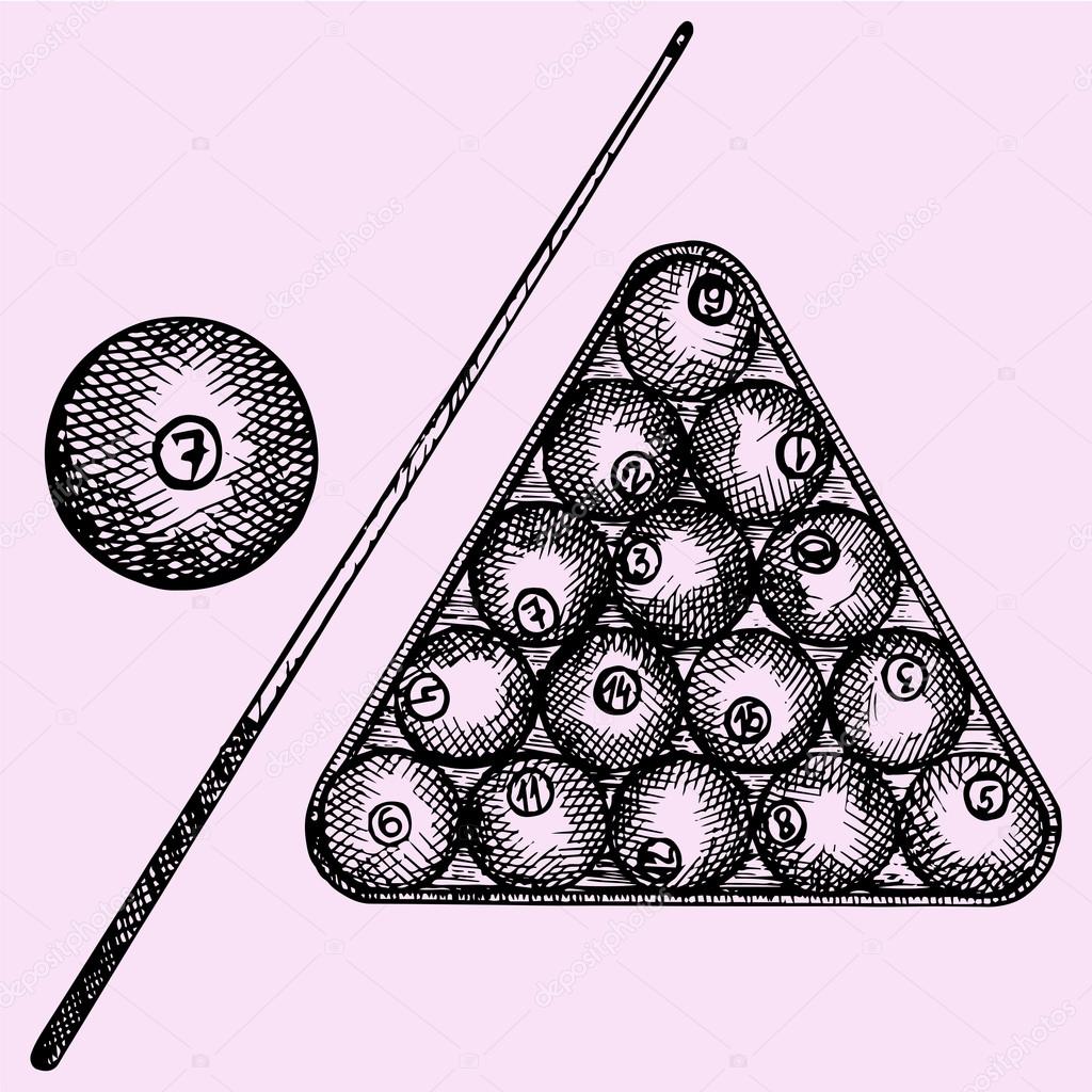 Set of billiard balls in triangle, billiard ball and cue
