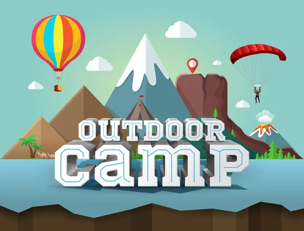 Camp extérieur, affiche avec texte 3d. Voyages et tourisme — Image vectorielle