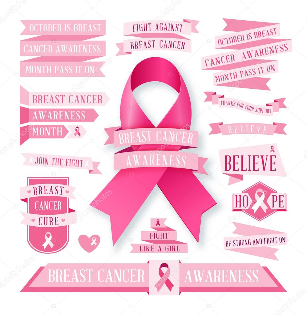 A set of pink Breast Cancer Awareness banners and ribbons isolated on white.