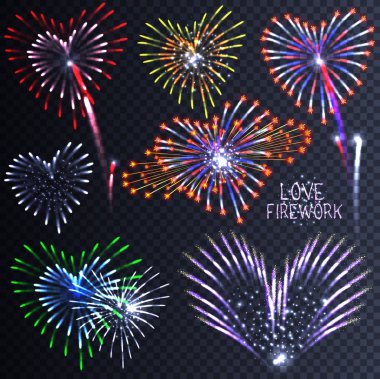 Festive patterned firework in the shape of a heart. Sparkling pictograms. Abstract vector. Isolated illustration. Love firework clipart