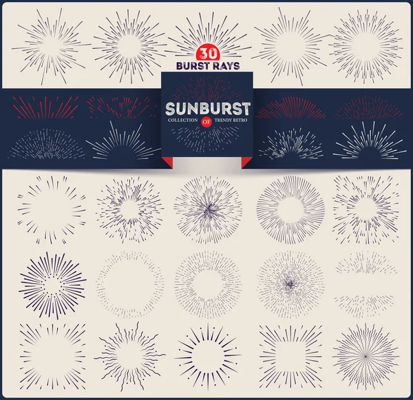 Collectie trendy retro sunburst. Barst stralen ontwerpelementen — Stockvector