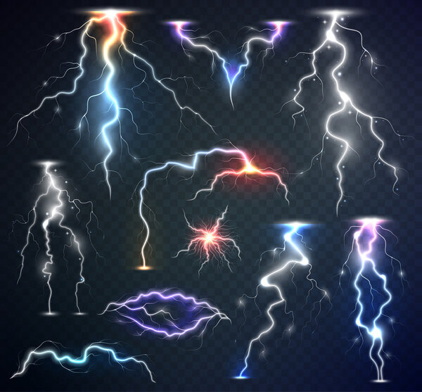Set of the isolated realistic lightnings with transparency for design. Natural effects. Magic and bright lighting effects. Thunder-storm and lightnings.