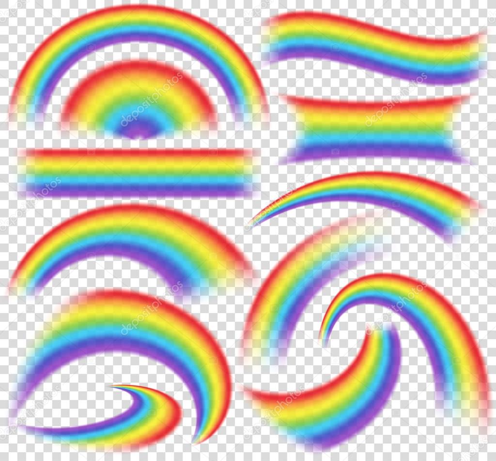 Rainbows in different shape realistic set on transparent background. Isolated vector illustration