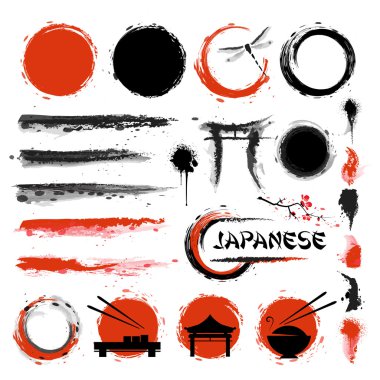 Geleneksel Japon tarzı. Fırçalar ve diğer tasarım öğeleri kümesi