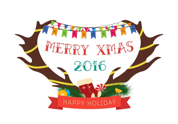 Wenskaart met gewei op witte achtergrond. Merry Christmas belettering. Vectorillustratie — Stockvector