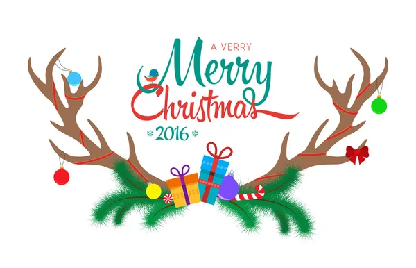 Wenskaart met gewei op witte achtergrond. Merry Christmas belettering. Vectorillustratie — Stockvector