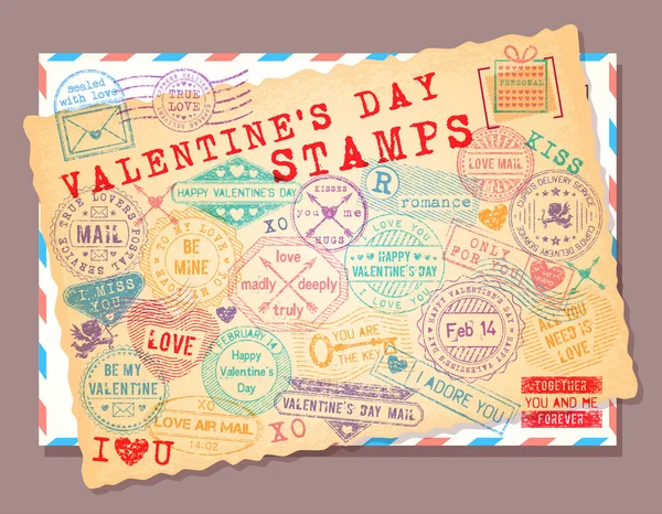 Collection de timbres isolés pour la Saint-Valentin. Coffret timbre-poste romantique . — Image vectorielle