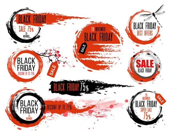 Black Friday sale Hand-drawn ink badges. Traditional Japanese style. Sale Tag. Special offer — Stock Vector